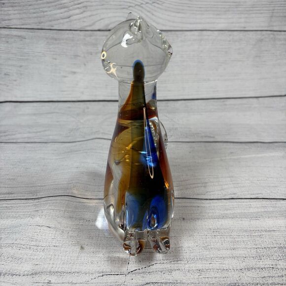 Murano Handblown Art Glass Clear Blue Amber 8" Cat Fish in Belly Figurine Decor - Picture 4 of 7